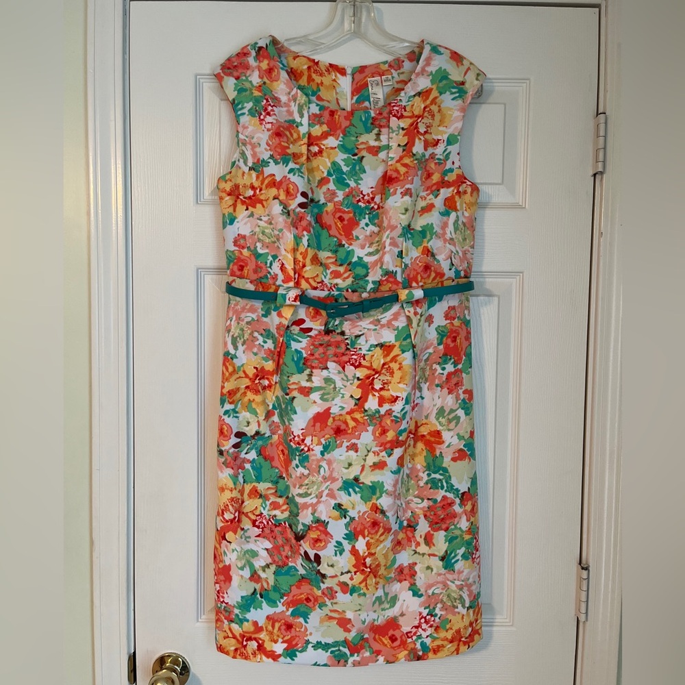 Emma & Michele Orange Pink Sheath Midi Dress Cap Sleeve
